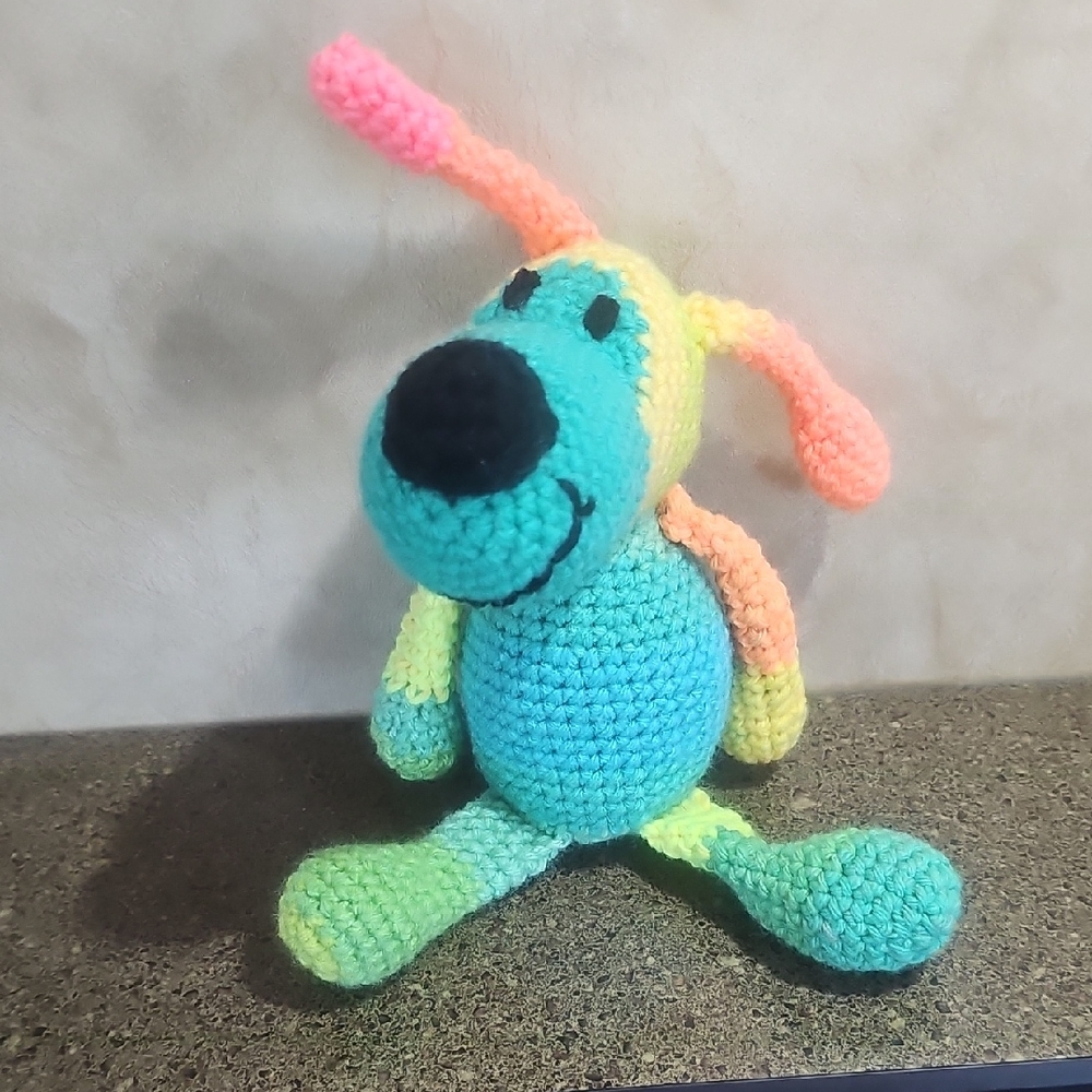 Colourful Crochet  Dog Toy Stuffed Animal Teal Orange Yellow Black New Handmade
